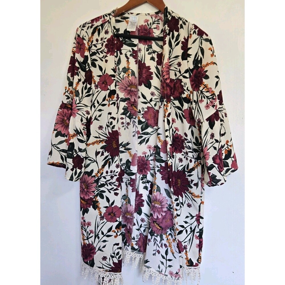 Time and Tru Cardigan Womens One Size Floral Sheer Boho Kimono Flower Festival